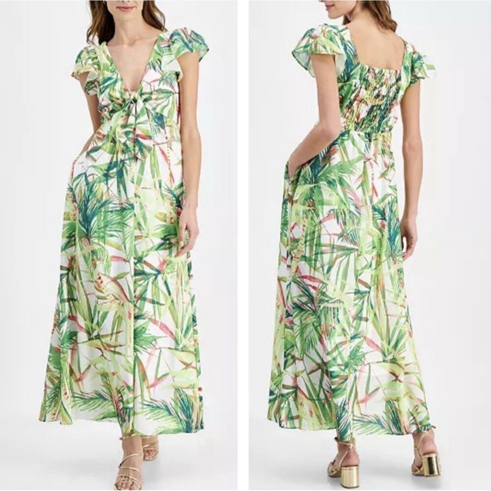 TAYLOR Women's Maxi Dress 12 Palm Floral Tie Front Flutter Sleeve Resort